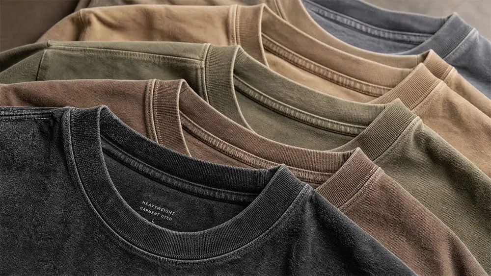 Stack of garment-dyed heavyweight t-shirts with vintage wash texture.