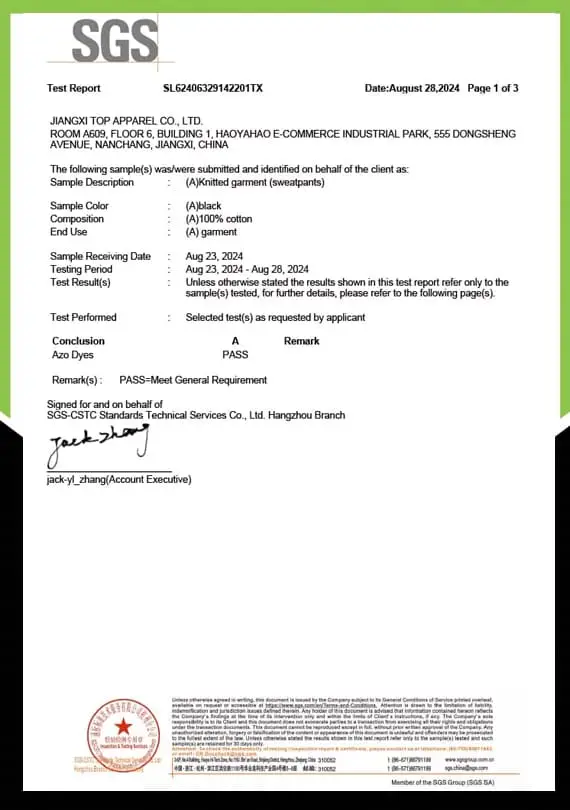 Sweatpants SGS Certificate
